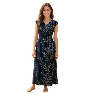 Amanda Smith Vintage Classic Navy Floral Maxi Dress Made in Hong Kong Size L